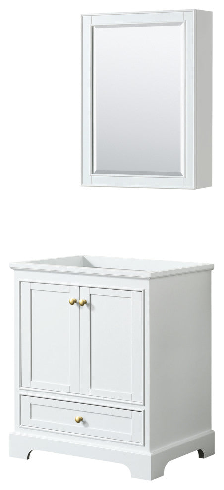 30" Single Bathroom Vanity, White, No Countertop, Gold Trim, Medicine Cabinet
