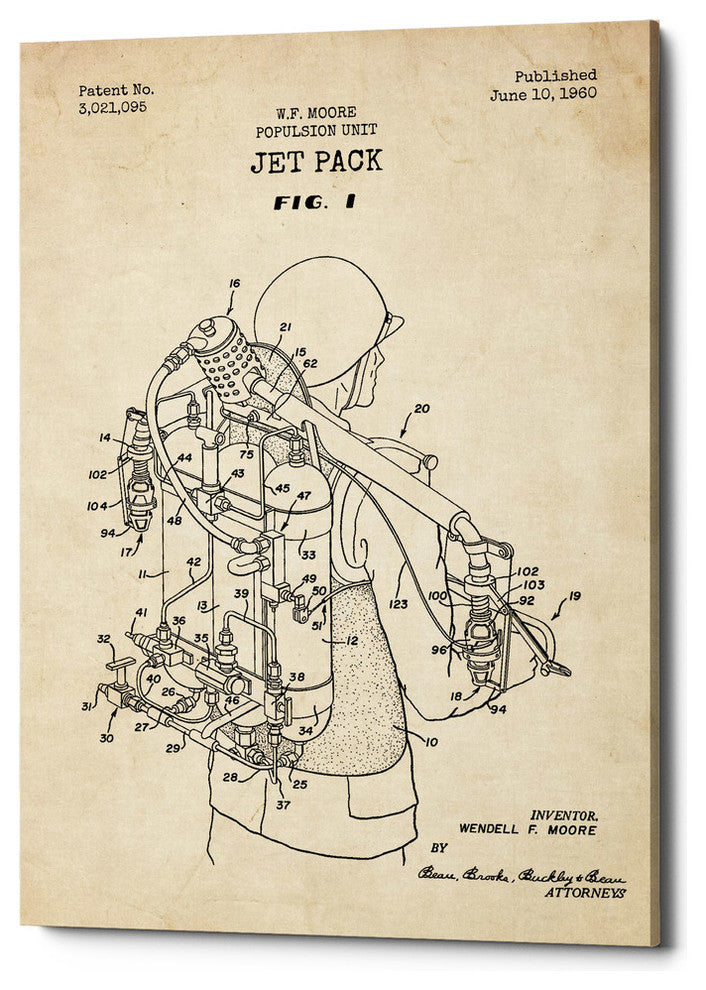 Epic Graffiti "Jet Pack Blueprint Patent Parchment" Giclee Canvas Art, 12"x18"