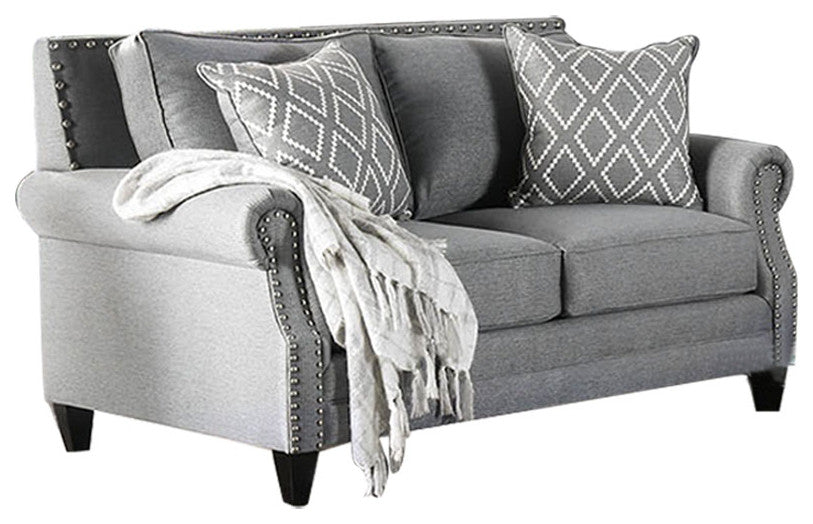 Linen-like Fabric Love Seat with Nailhead Trim Design, Gray