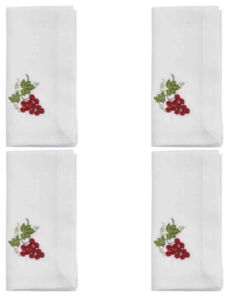 EmbroideredTable Napkins With Grapes Design (Set of 4), White, 20"x20"