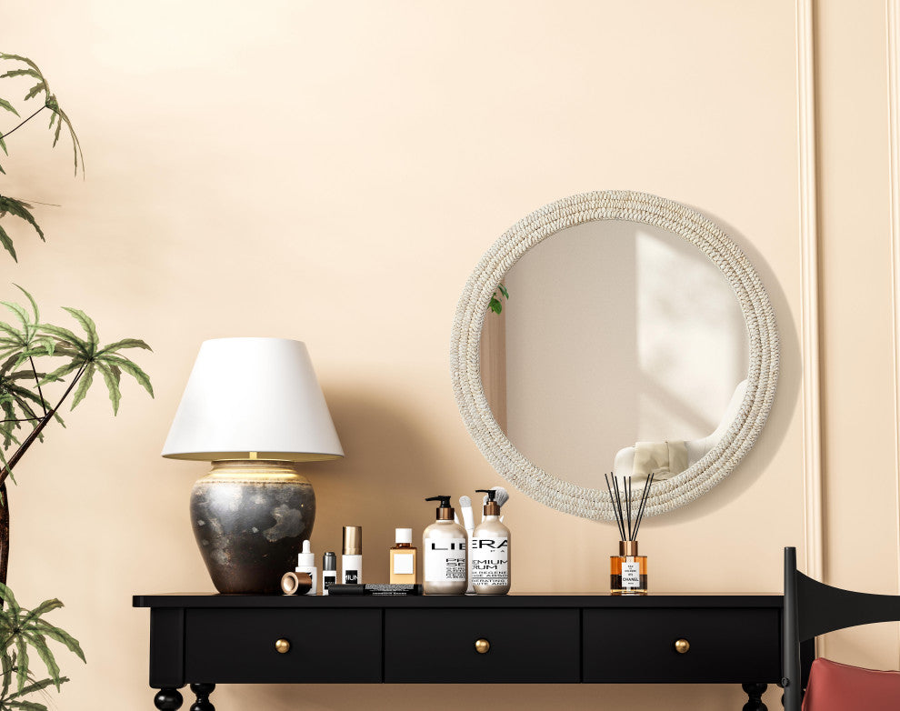 Home Living Round Cornhusk Mirror 42x42, Linen White