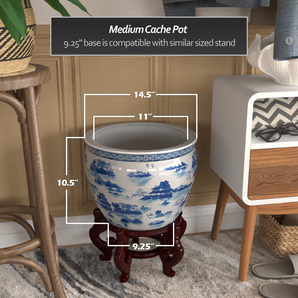 14" Landscape Blue and White Porcelain Fishbowl