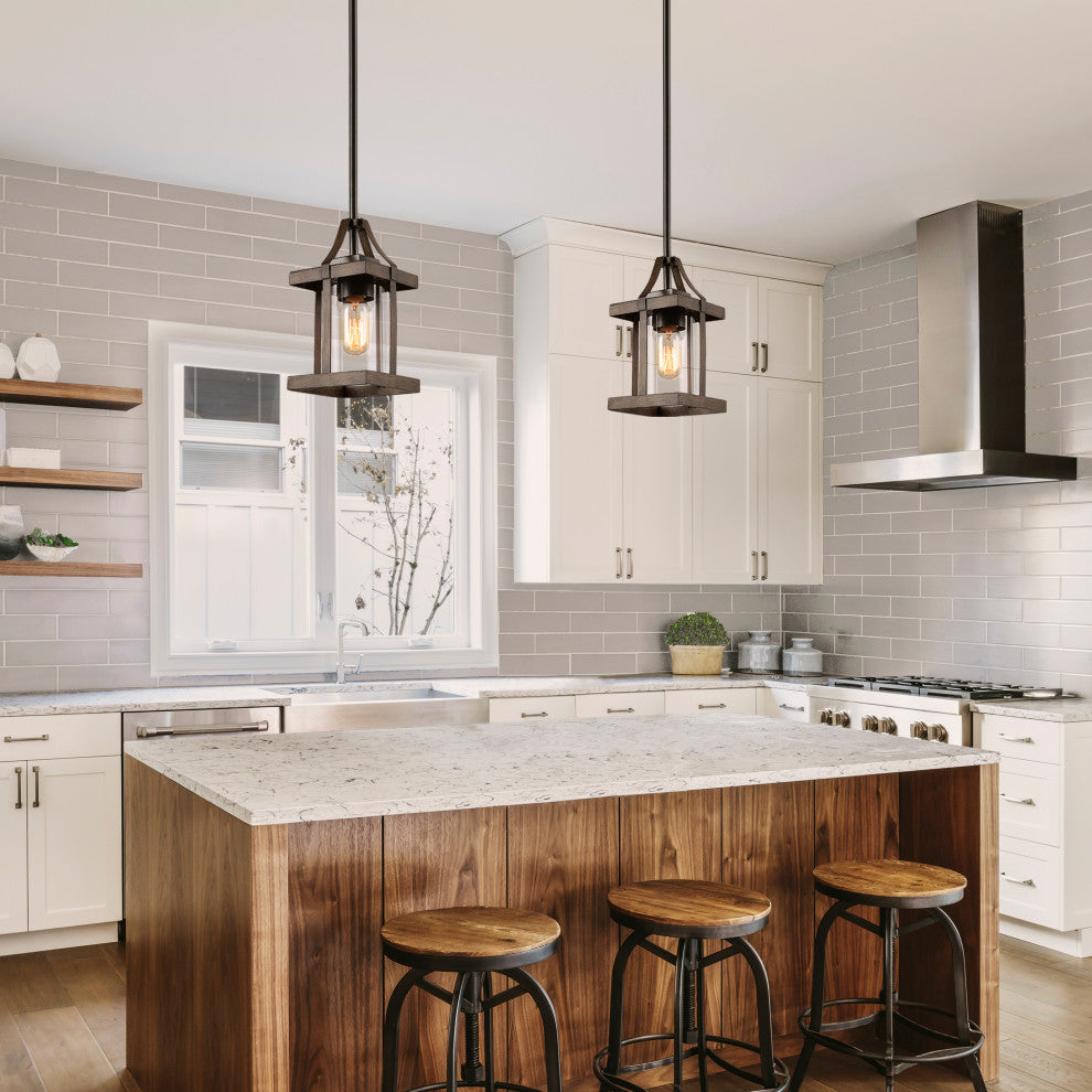 LALUZ 1-Light Antique Brown Wood and Clear Glass Mini Lantern Pendant Lighting