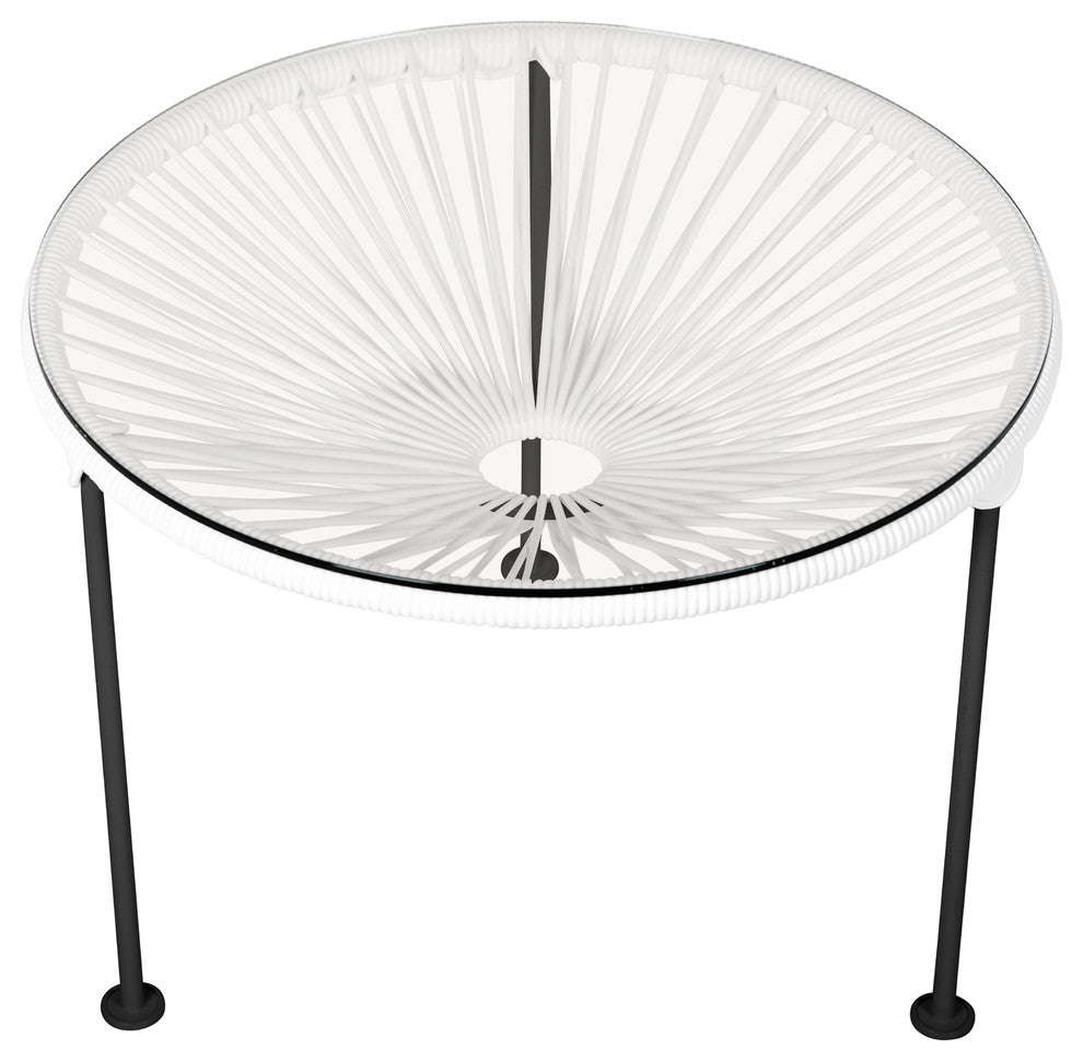 Zicatela Indoor/Outdoor Handmade Side Table, White Weave, Black Frame