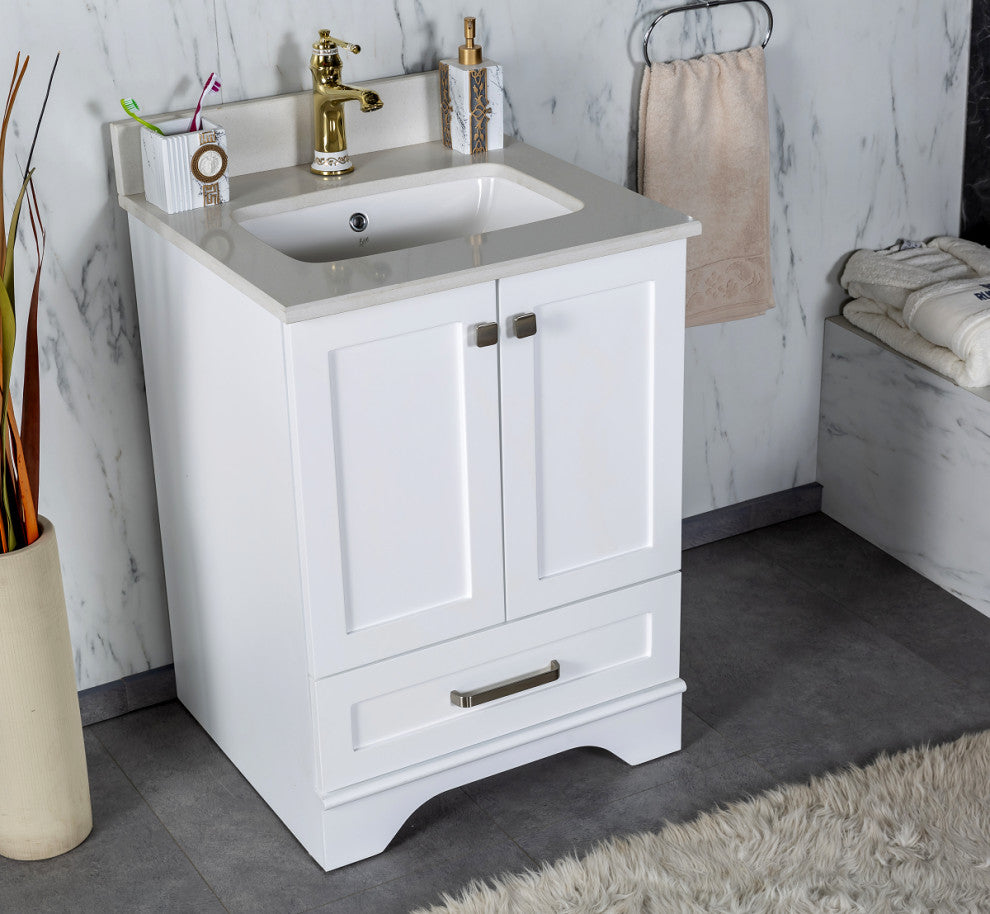 Livia Collection 24" Bath Vanity Quartz Top and Ceramic Sink, White, 24"