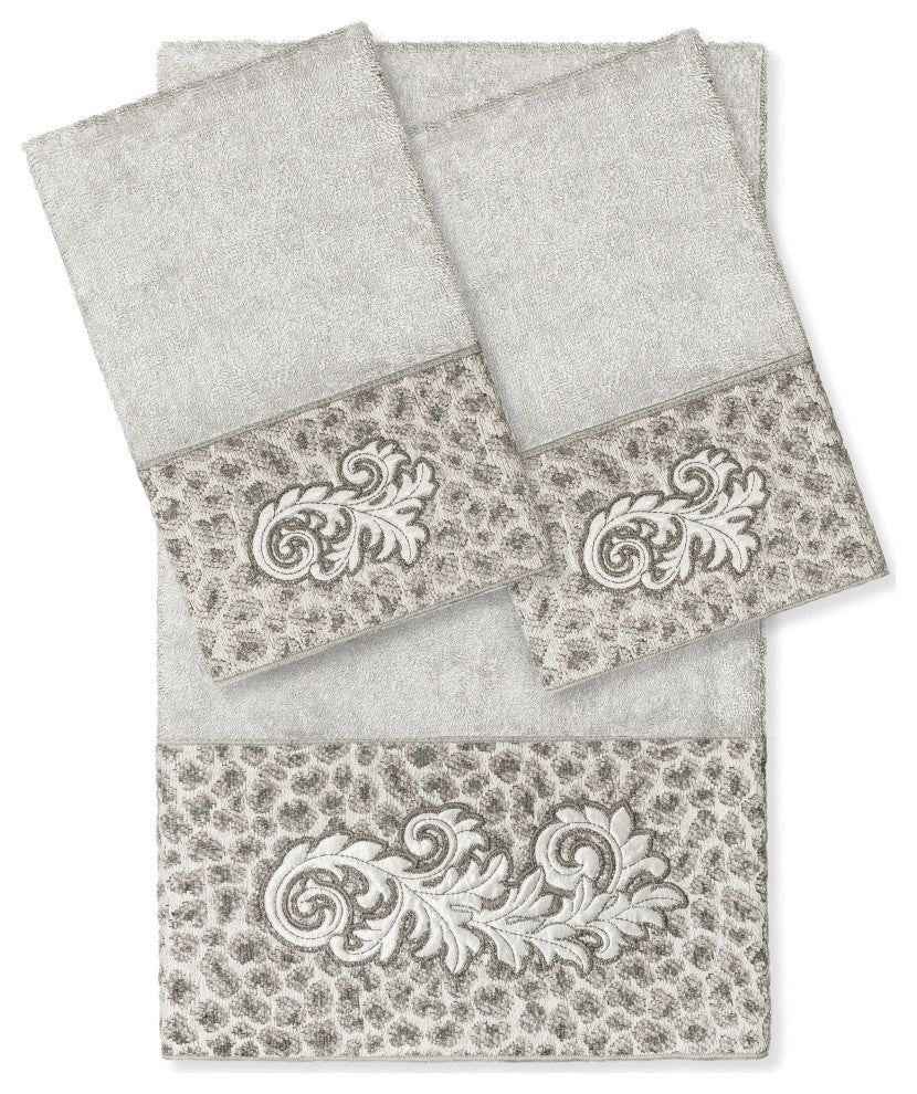 Linum Home Turkish Cotton April 3-Piece Embellished Towel Set, Light Gray