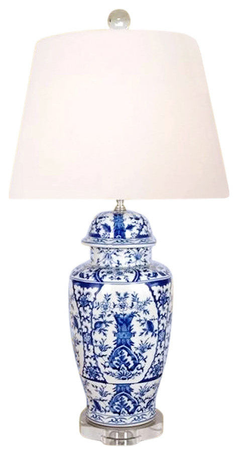 Blue and White Porcelain Temple Jar Floral Chinoiserie Table Lamp 30"