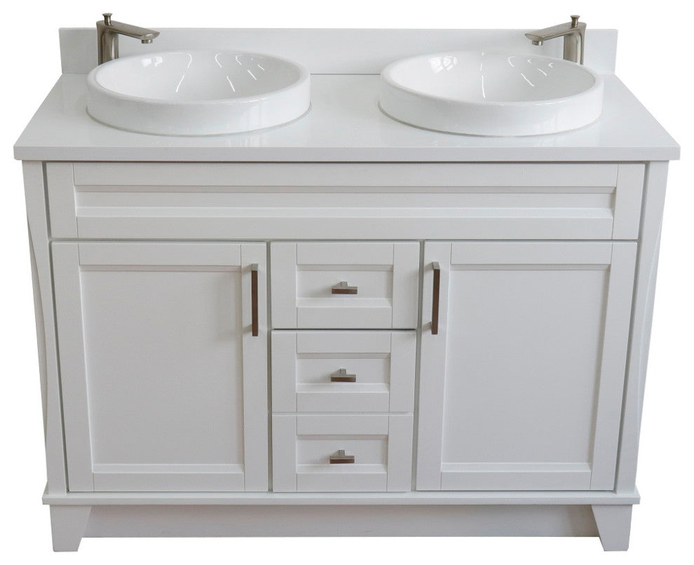 48" Double Sink Vanity, White Finish With Engineered Stone Top And Round Sink