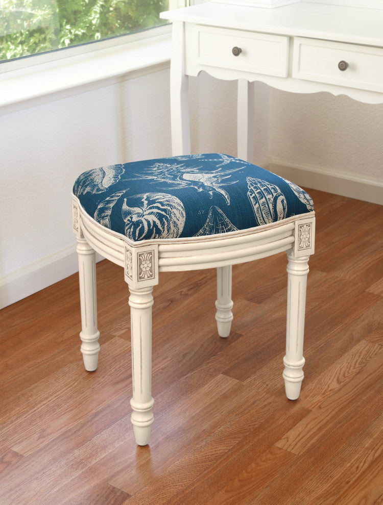 Navy Blue Seashells Linen Upholstered Vanity Stool