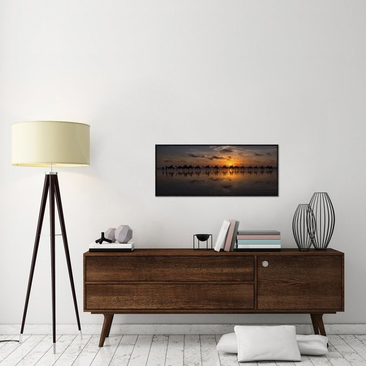 "Sunset Camel Safari" Framed Canvas Giclee by Louise Wolbers, 41x17"