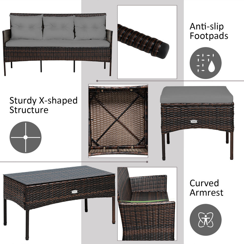 Costway 3PCS Patio Rattan Furniture Set 3-Seat Sofa Cushioned Table Garden Gray