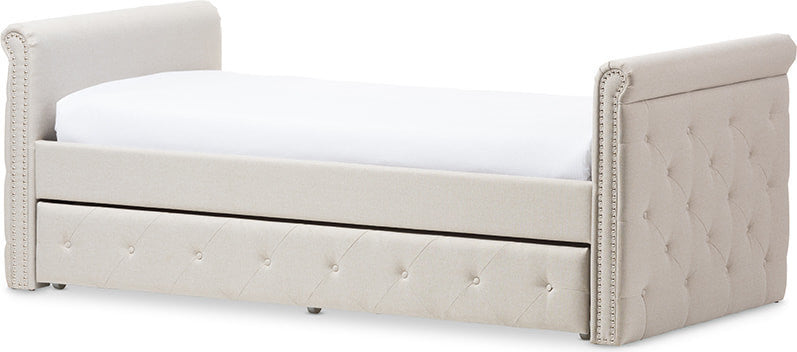 Swamson Beige Fabric Tufted Twin Size Daybed With Roll-out Trundle Guest Bed