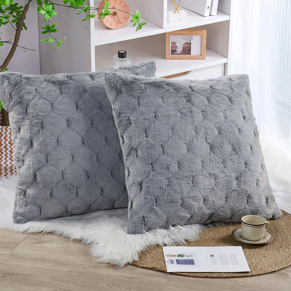 Jacquard Rabbit Faux Fur Pillow Cover 2 Piece Set, Silver Grey, 26" X 26"