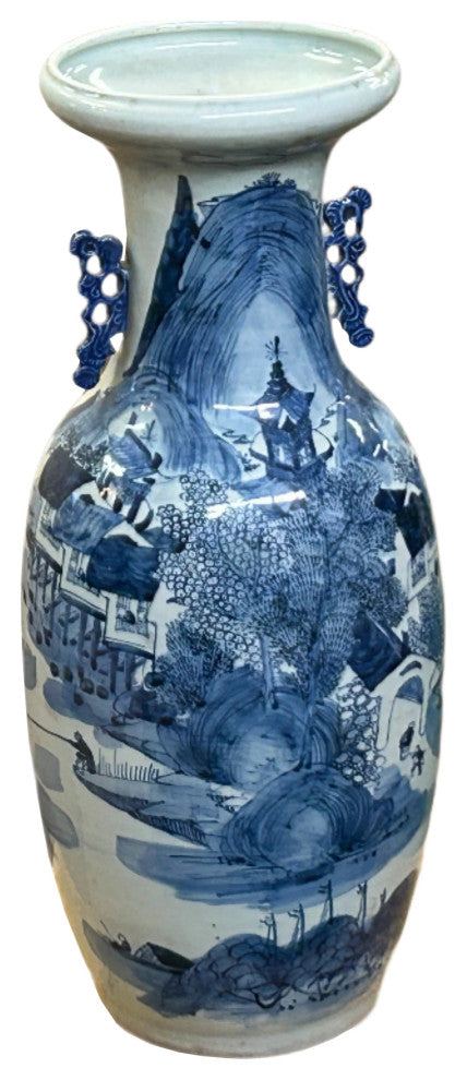 23.5" Vintage Blue White Scenery Porcelain Ru Yi Ear Art Vase Hws4430