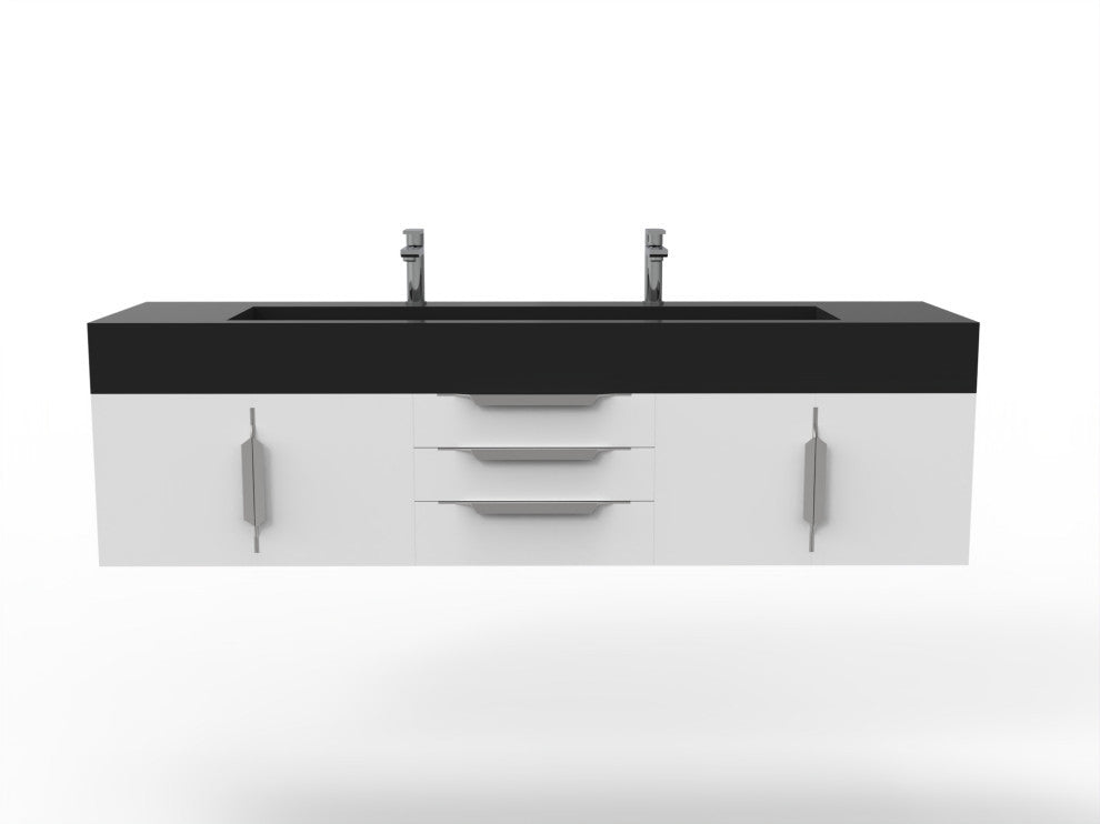 CastelloUSA Nile 72" Wall Mounted Bathroom Vanity Set, White, Black Top, Chrome Handles