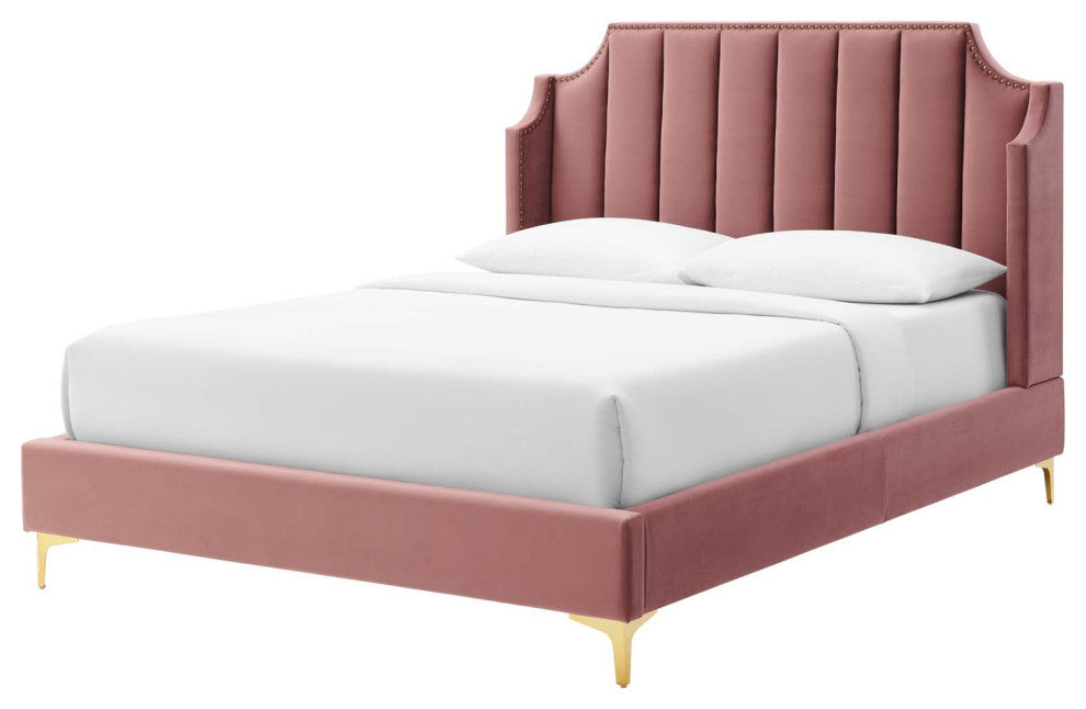 Platform Bed Frame, Queen Size, Velvet, Pink, Modern Contemporary, Bedroom