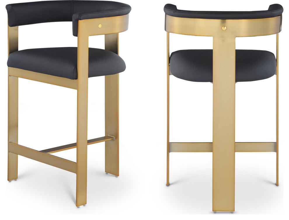 Romeo Upholstered Counter Stool, Set of 2, Black, Vegan Leather, Brushed Gold