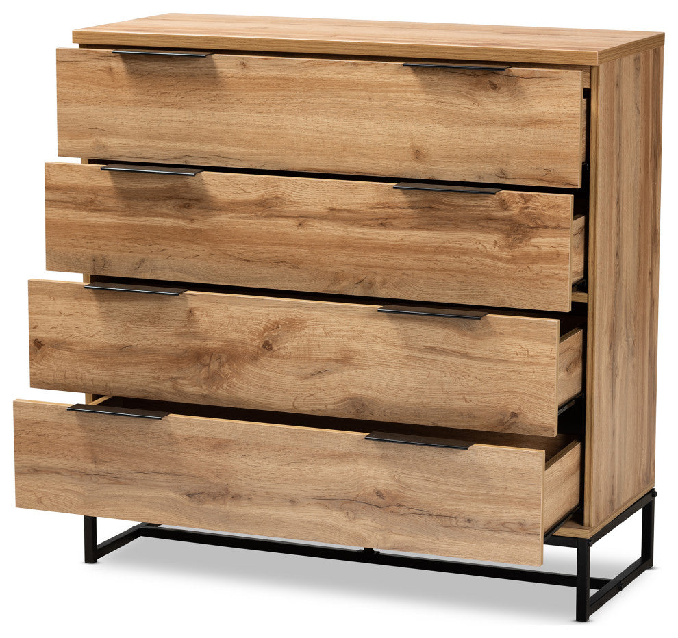 Wharton Industrial Oak Wood and Black Metal 4-Drawer Dresser