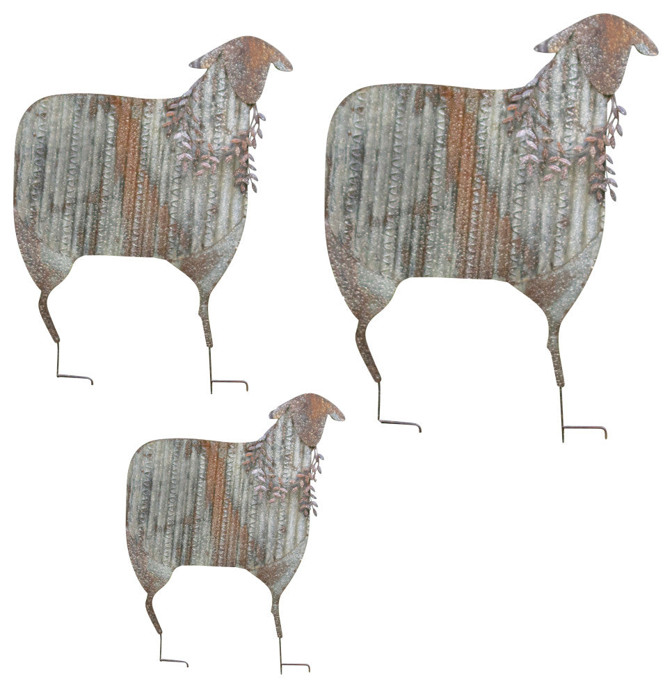 Rustic Corrugated Metal Sheep Yard Art 3-Piece Set Lawn Garden Decoration Stake