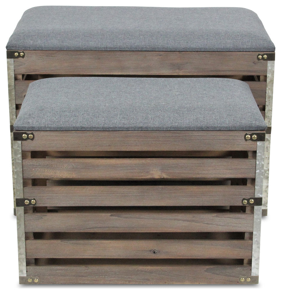 2-Piece Rectangular Wood Slat Storage Bench With Metal Accent and Lid