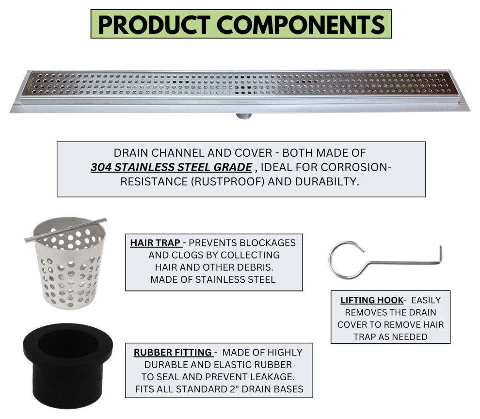 SereneDrains Linear Shower Drain 304 Brushed Stainless Steel Traditional Square, 30 Inch