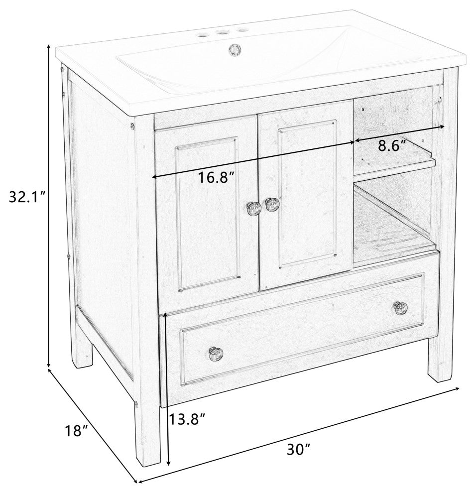 30" W x 18., D. x 32" H Bath Vanity, White Ceramic Top, White