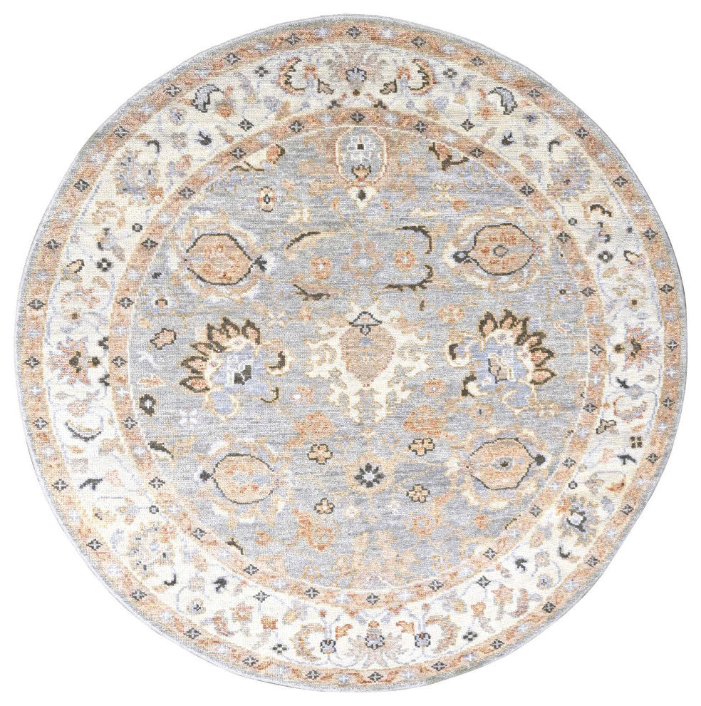 Gray and Ivory, Hand Knotted Oushak Inspired Round Oriental Rug, 7'10"x8'