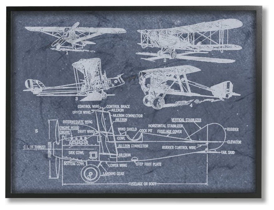 Slate Blue Distressed Vintage Airplanes Diagram Blueprint, Framed, 11"x14"