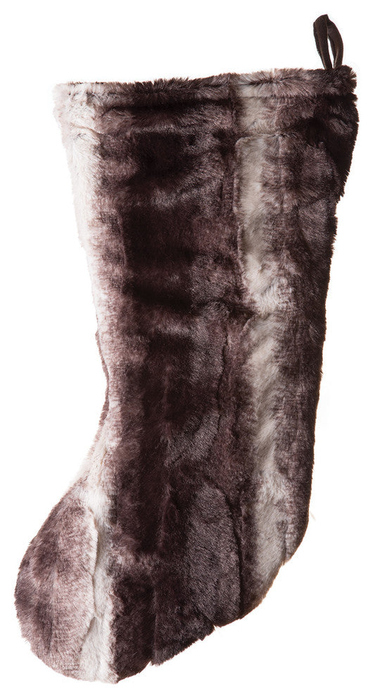 Faux Fur Christmas Stocking, Mink Brown White Striped Plush