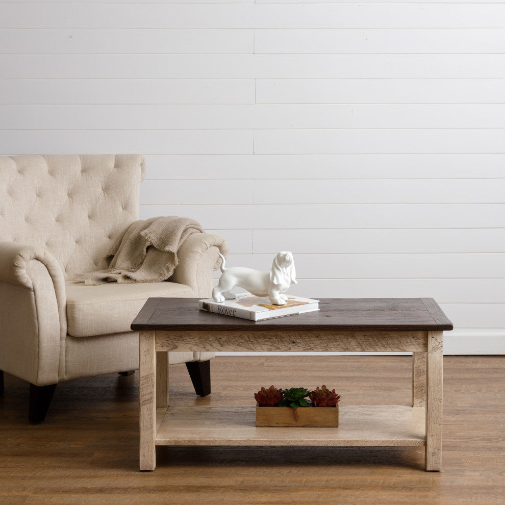 Oak Coffee Table With Square Legs, White with VanDyke Brown and Rich Tobacco
