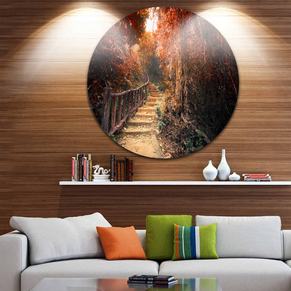 Stairway Through Red Fall Forest, Landscape Photo Round Wall Art, 11"