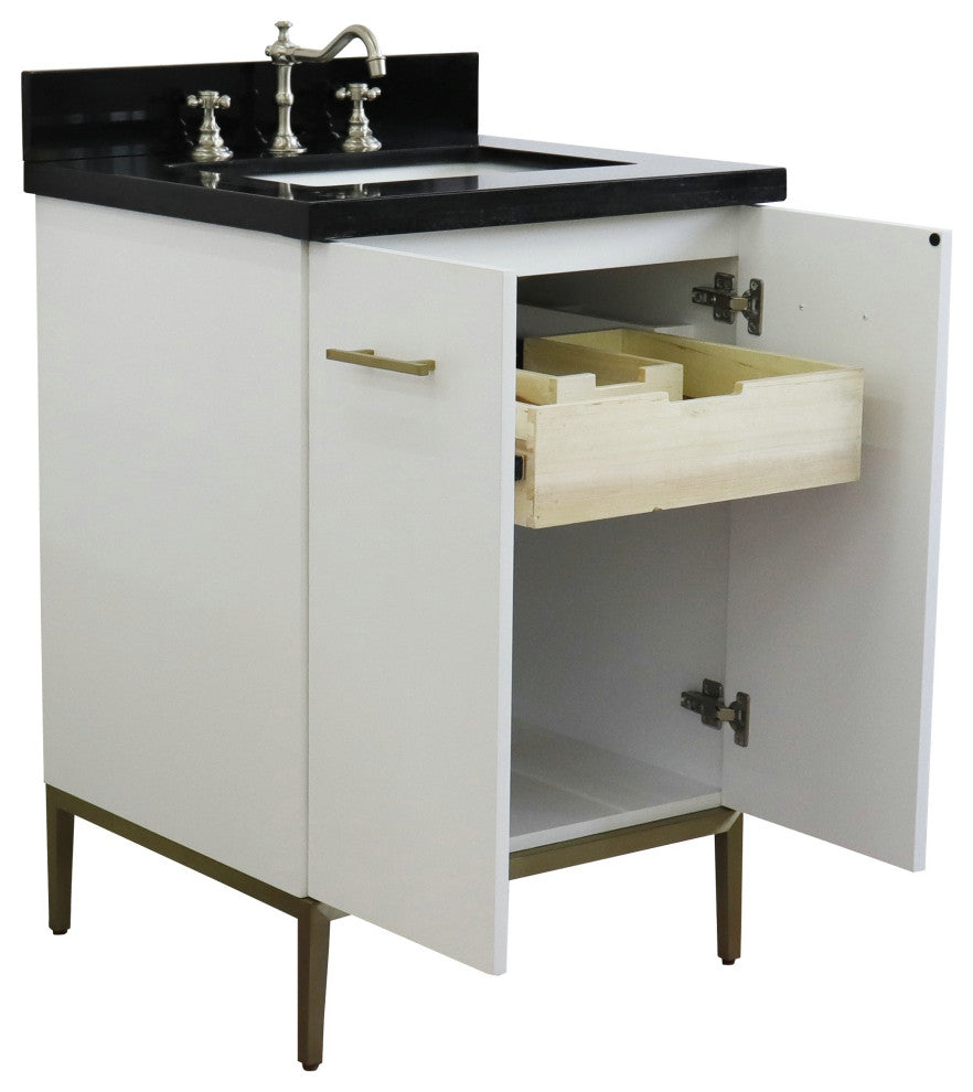 25" Single Sink Vanity, White Finish With Black Galaxy Granite