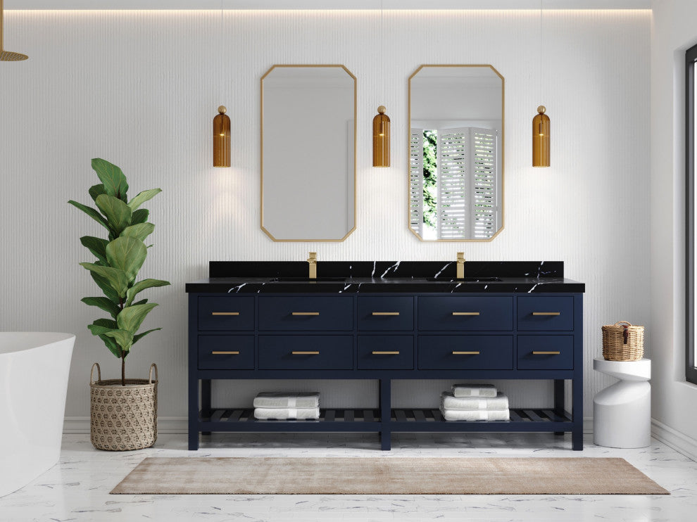 Parker 84" Double Sink Bath Vanity, Navy Blue 2" Calacatta Black
