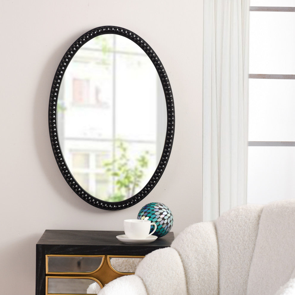 Oval Wood Frame Mirror With Beaded Trim, Black