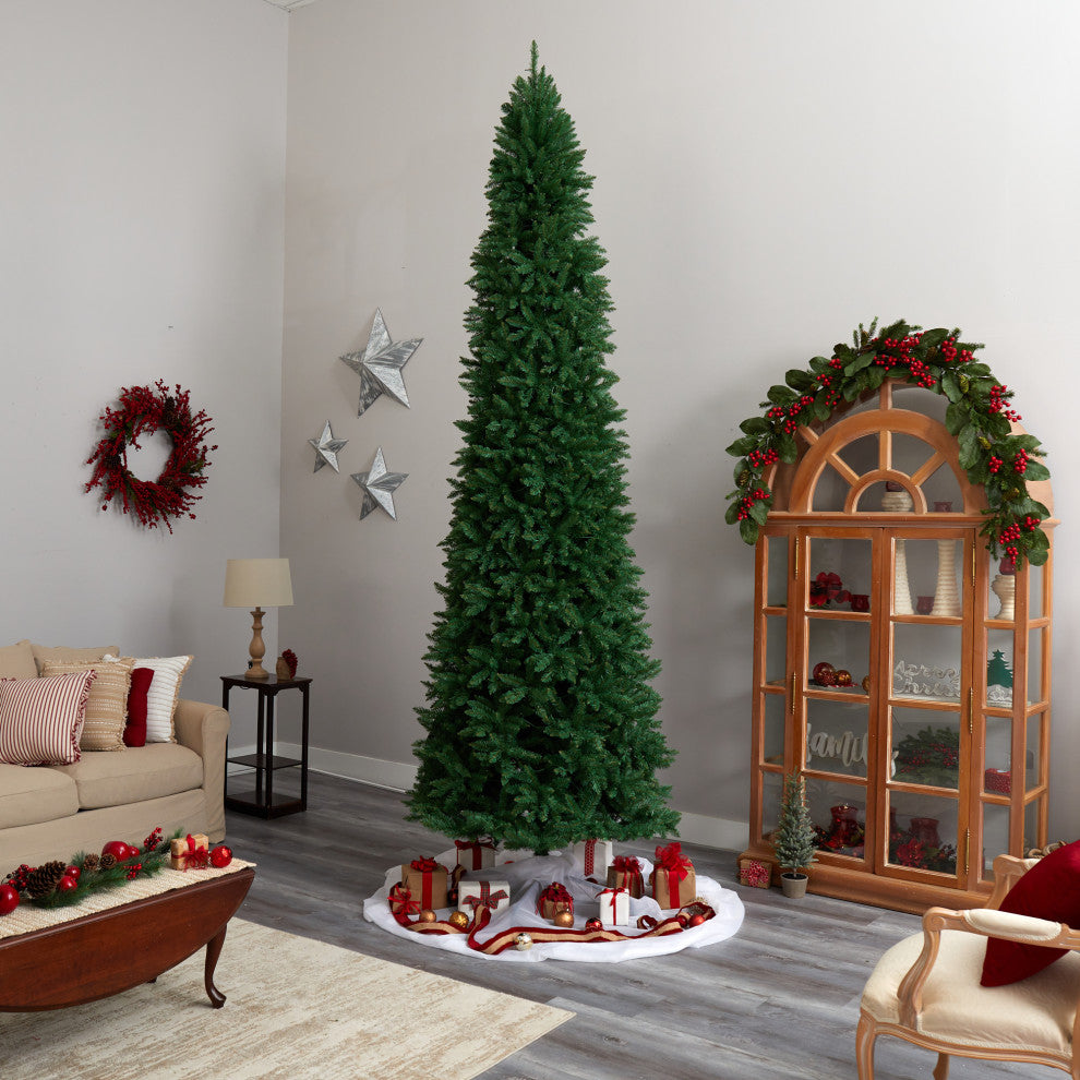12' Slim Green Mountain Pine Christmas Tree, 1100 Clear LED Lights, 3235 Tips