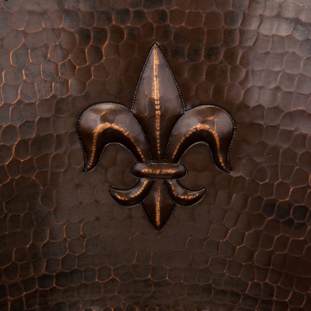 16" Round Copper Prep Sink, Fleur De Lis & 3.5" Drain Opening