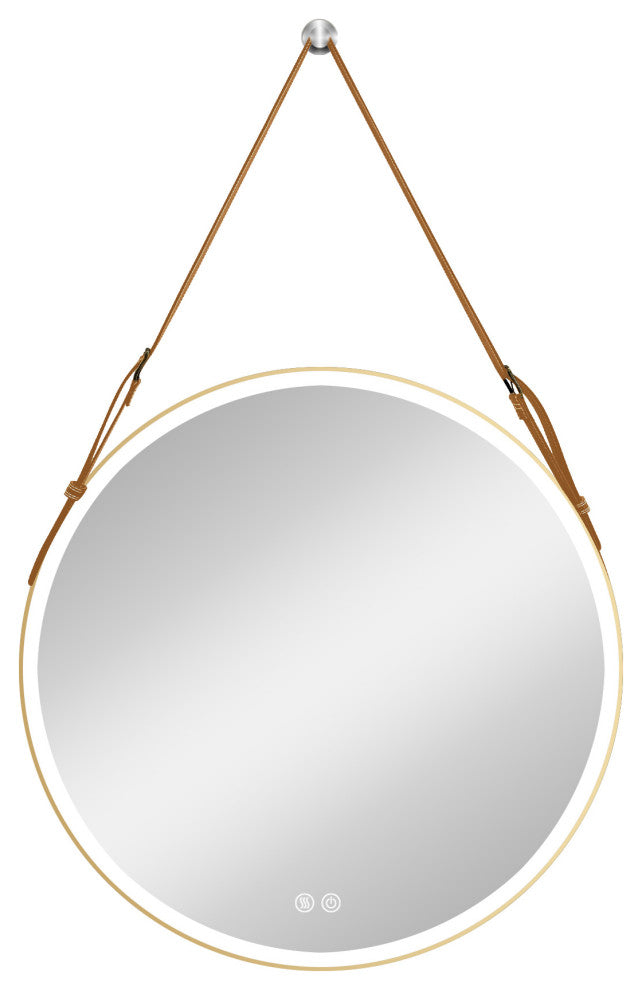 Round Framed Anti-Fog Dimmable Rope Hanging LED Bathroom Vanity Mirror, Godl, 32"32"