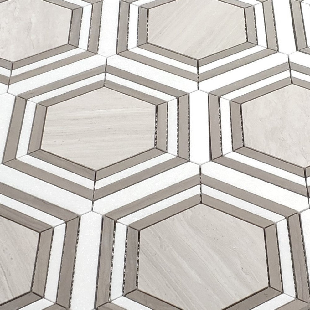 Athens Silver Cream Marble 5" Hexagon Strips Georama Geometric Tile, 1 sheet