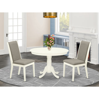 3Pc Round Kitchen Set, Round Table, 2 Chairs, Shitake Chairs Seat, Linen White
