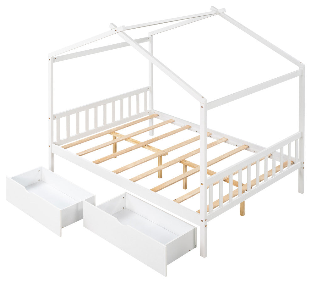 Gewnee Full Size House Platform Bed with Two Drawers,Headboard in White