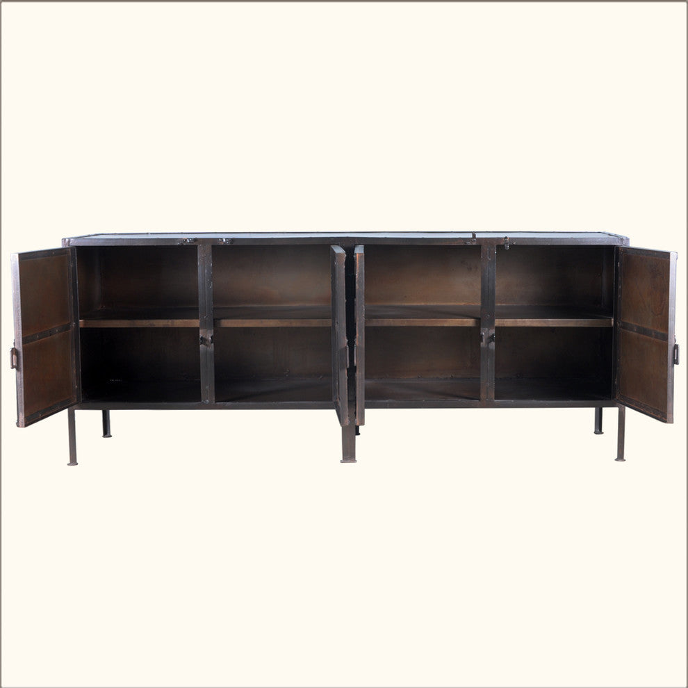 Industrial Black and Brown Iron 4 Door Large Sideboard Cabinet