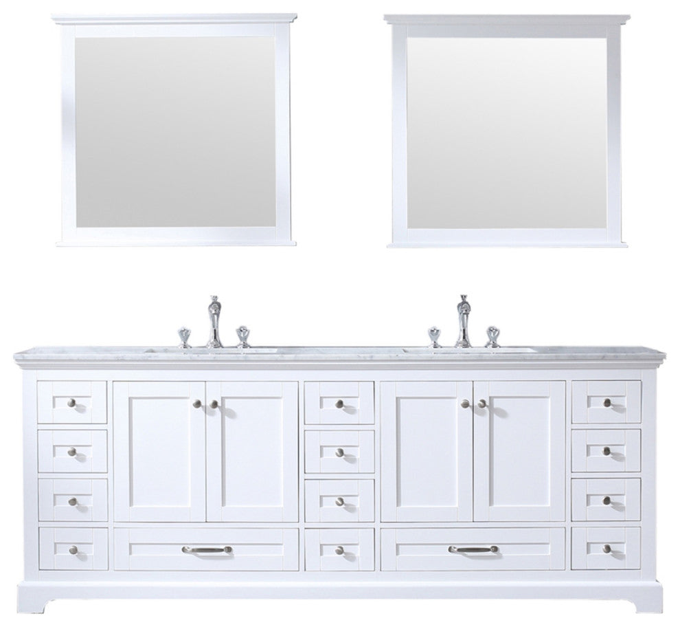 Dukes 84" Double Vanity, Carrara Marble Top, Square Sinks, 34" Mirrors & Faucets
