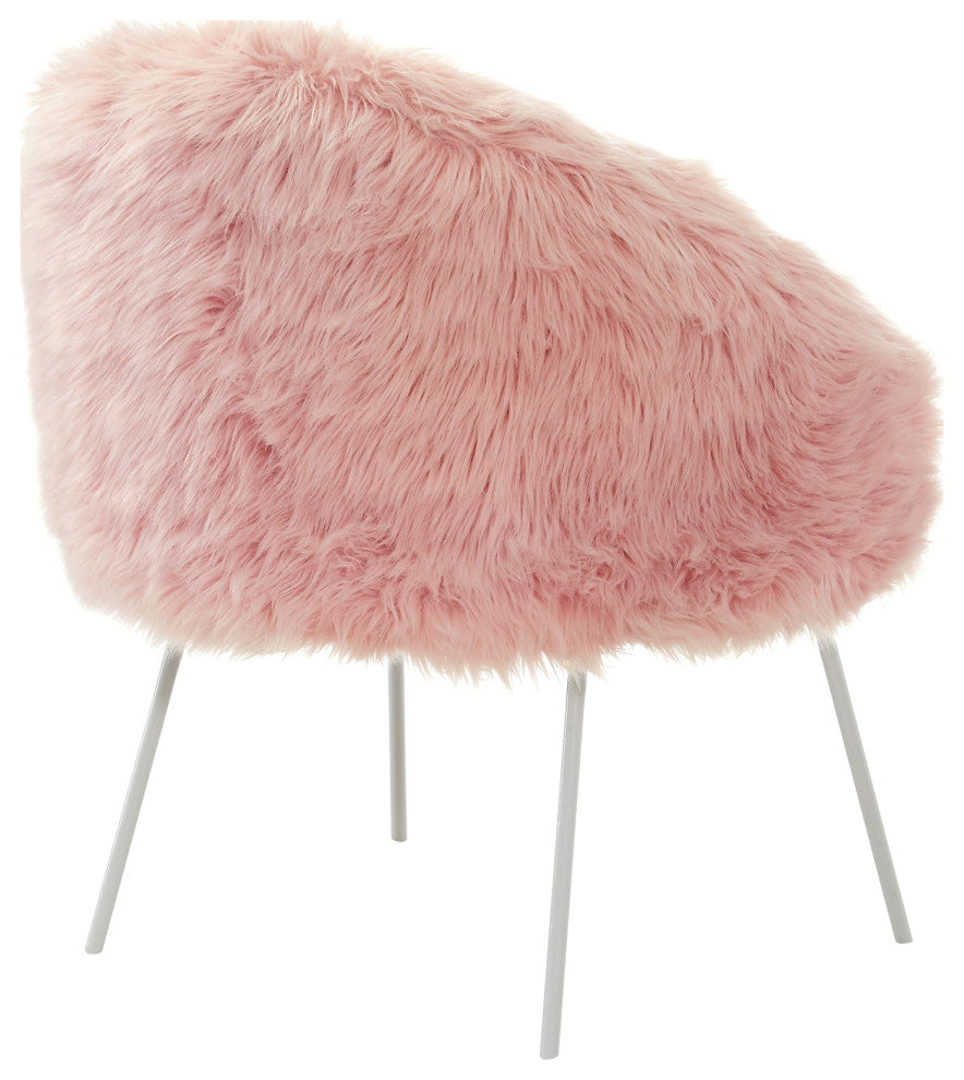 Connor Faux Fur Accent Chair, White Powder Coated Metal Leg, Rose