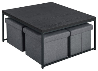 5-Piece Coffee Table Set With 4 Storage Stools, Black