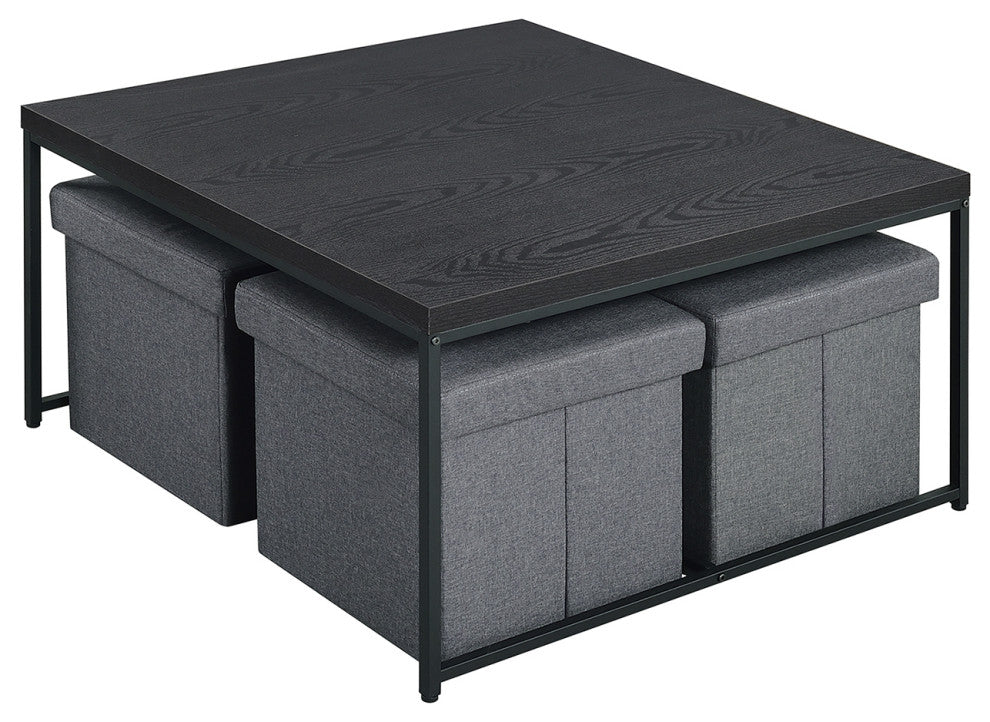5-Piece Coffee Table Set With 4 Storage Stools, Black