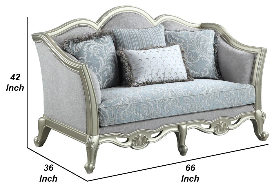 Benzara BM276230 66" Classic Sofa, Fabric Cushioned Seats, Gray, Champagne