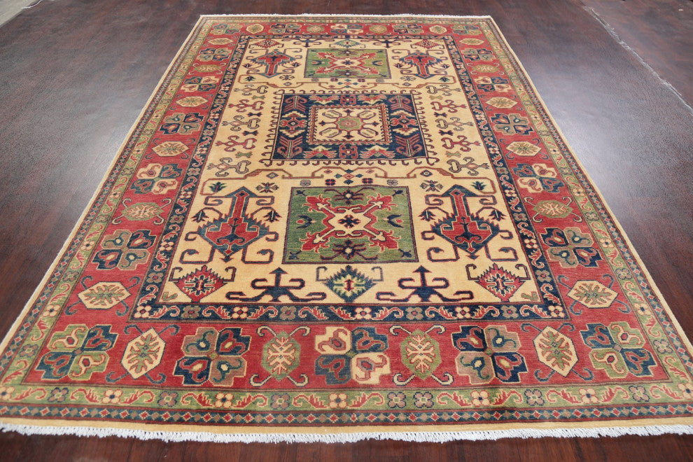 Kazak Oriental Traditional Area Rug Handmade Pakistani, Beige, 8'10"x6'0