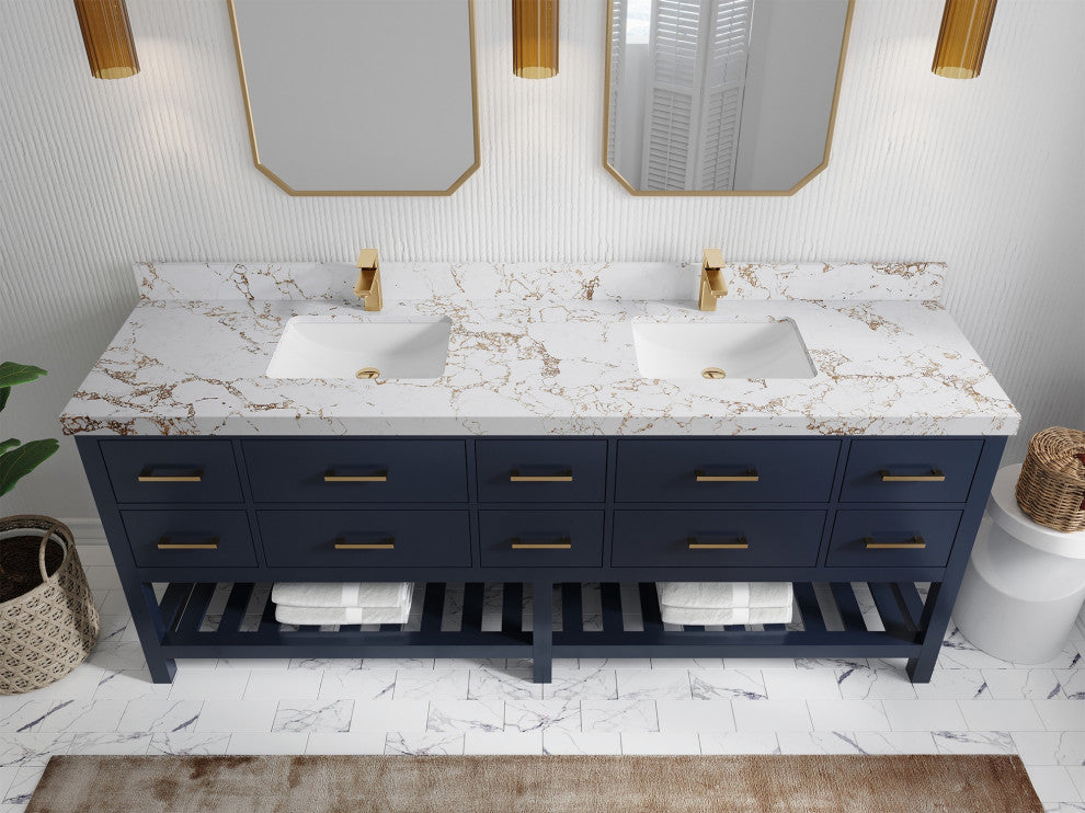 Parker 84" Double Sink Bath Vanity, Navy Blue 2" Viola Gold