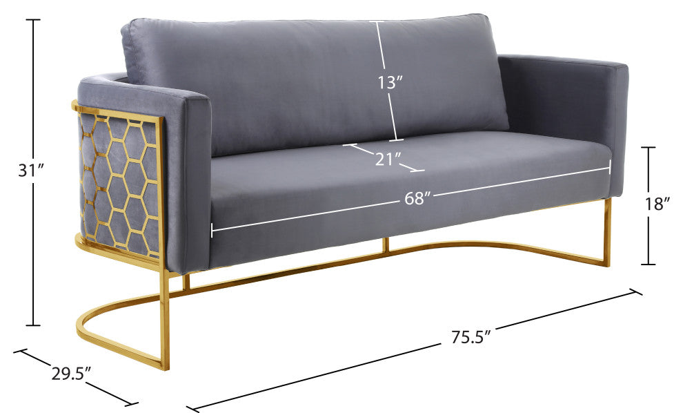 Casa Velvet Upholstered Sofa, Grey, Gold Finish