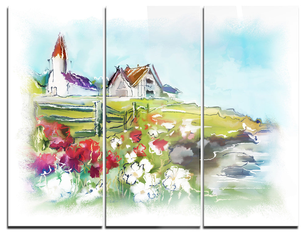 "Buildings in Green Meadow" Metal Wall Art, 3 Panels, 36"x28"